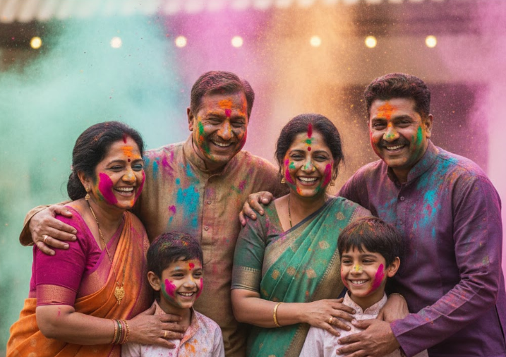 रिश्तों का गुलाल – परिवार और प्रेम के रंगों का प्रतीक चित्र